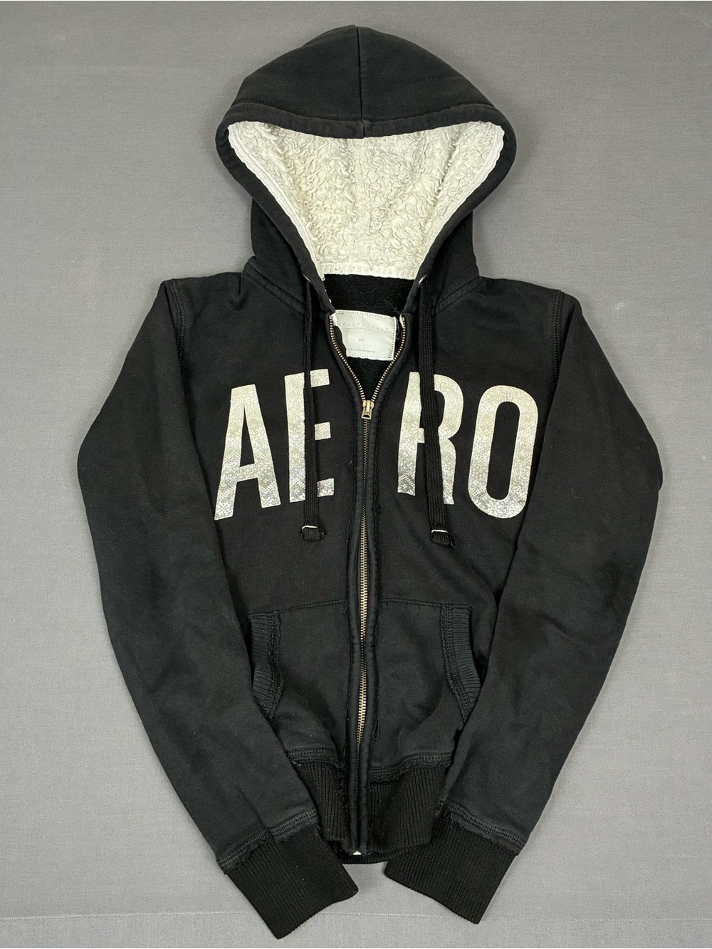 Y2K Aeropostale Black Sherpa Lined Hood Fleece Hoodie Women’s Size Small